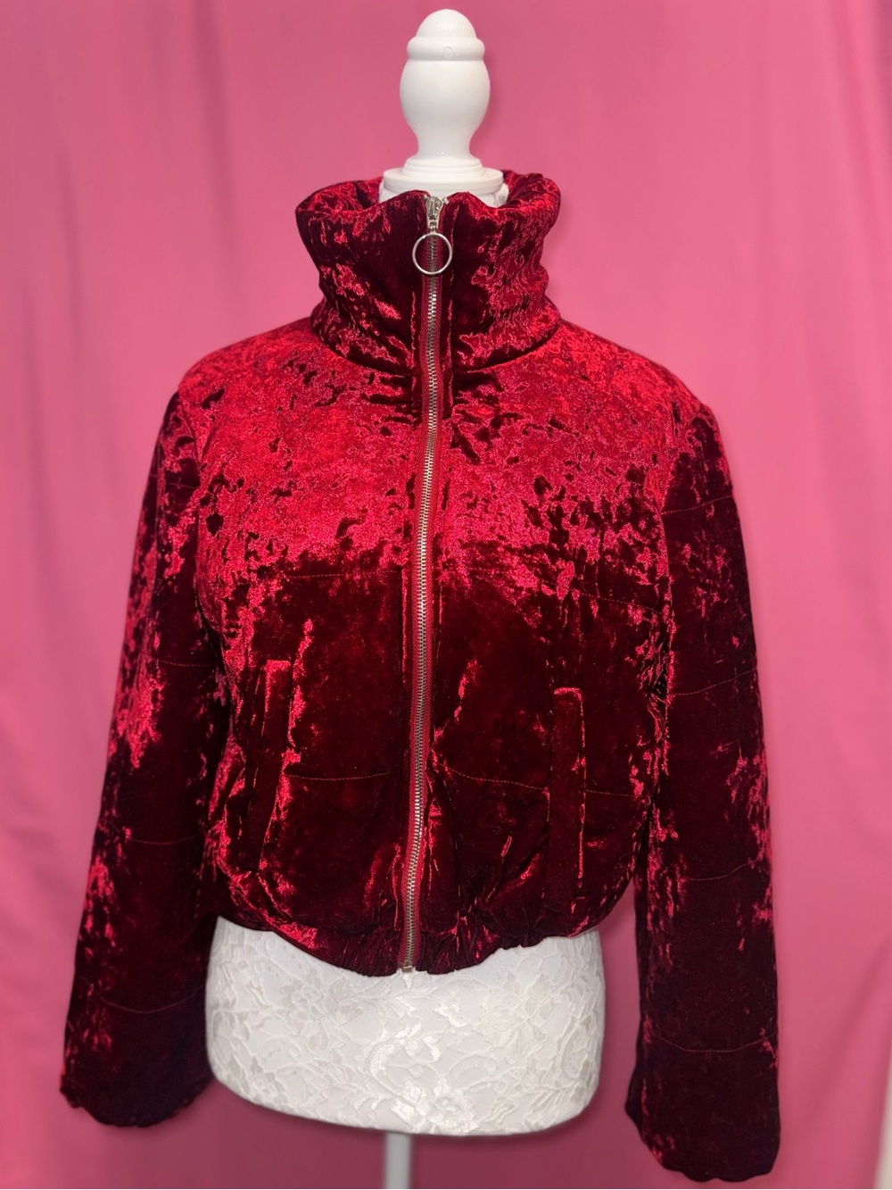 Forever 21 Crushed Velvet High-Neck Puffer Jacket - Deep Red